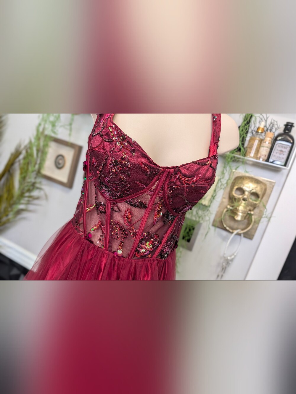 Faeriesty Maroon Metallic Tulle Beaded Bodice Corset Gown Maxi Fairy Dress LG - Picture 8 of 15